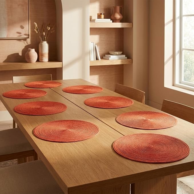 AHHFSMEI Round Braided Placemats Set of 6 Woven Table Mats for Dining Table Heat Resistant Easy to Clean Perfect for Kitchen & Home Decor (Dark Orange)