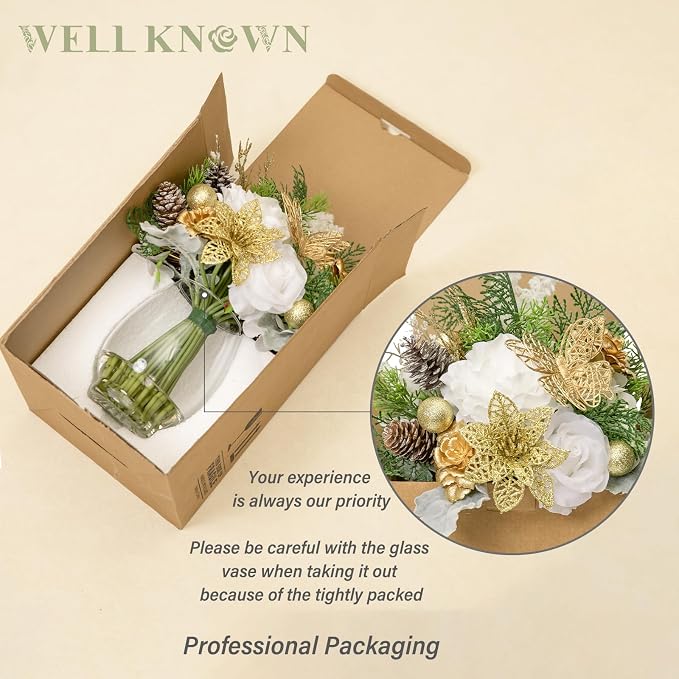 Fake Flowers in Vase with Fake Water, Golden Poinsettia & Butterfly, Artificial Rose Flowers Arrangement for Dining Table Centerpiece Wedding Party Winter Spring Home Decor Gift (Gold White & Green)