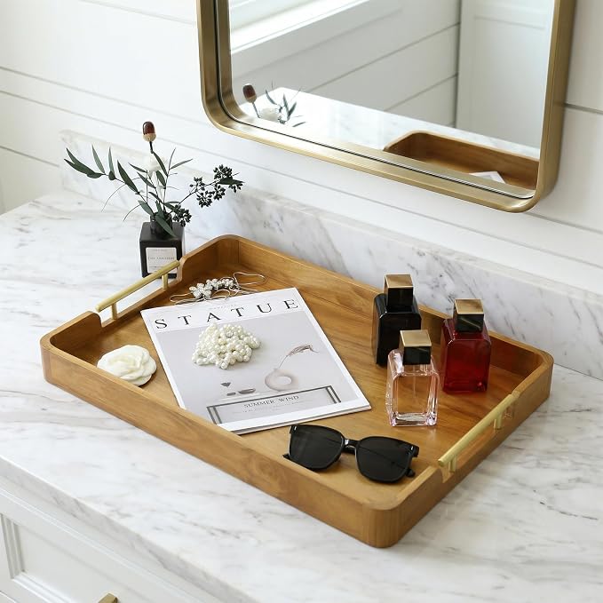 Solid Teak Wood Serving Tray with Handles, 20"x14"x2" Large Ottoman Tray for Living Room Kitchen Party, Decorative Rustic Rectangular Tray for Home Coffee Table Breakfast Dinner Bar