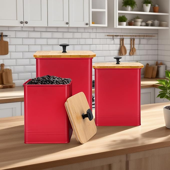 Kitchen Canisters Set of 3, Metal Flour Sugar Storage Containers with Airtight Lids-Canisters Sets for Kitchen with Customizable Chalkboard Labels & Marker Pen-Spice, Coffee Storage Jars(Red)
