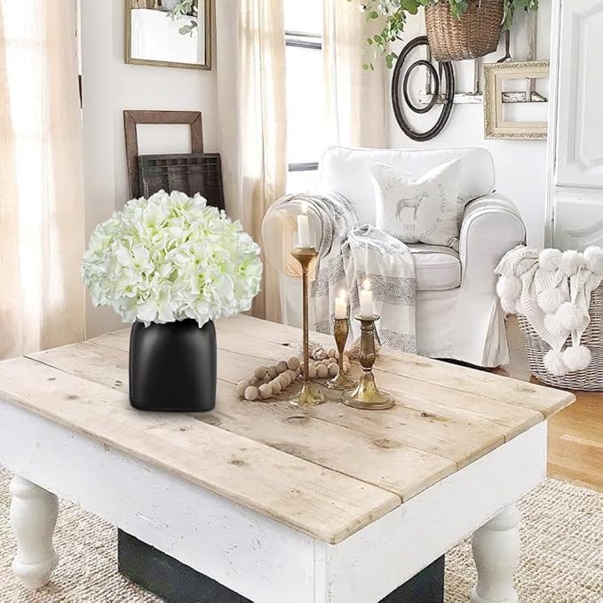 Briful White Hydrangea Artificial Flowers in Ceramic Vase, Black Vase Farmhouse Centerpieces for Tables, Dining Table Vase with Fake Flowers for Home Decor Indoor Kitchen Living Room
