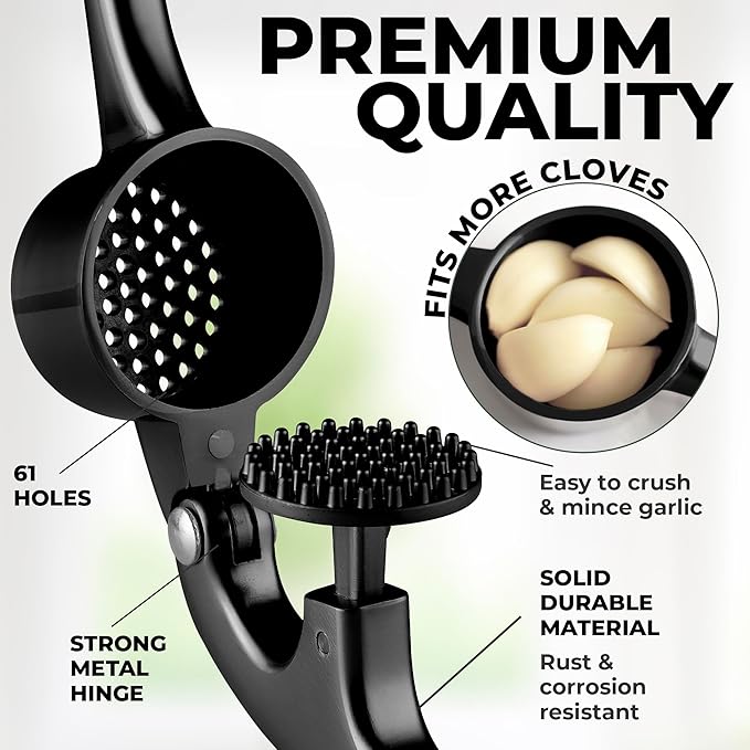 Zulay Kitchen Large Premium Garlic Press Set - Bigger Bowl for Bigger Garlic - Rust Proof Garlic Mincer Tool - Easy-Squeeze, Easy-Clean Silicone Garlic Peeler & Brush (Black)
