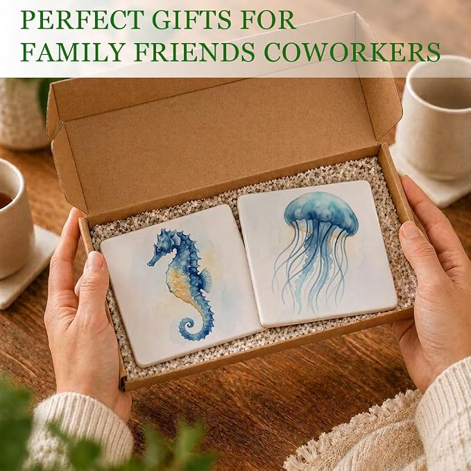 2 Pcs Watercolor Blue Seahorse Jellyfish Ceramic Coasters, Absorbent Coasters for Drinks, Sea Theme Cup Coaster Mat for Sea House Desk Coffee Bar Table, Beach Nautical Kitchen Decor