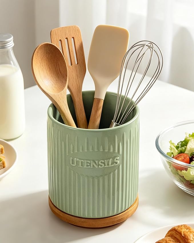 360° Rotating Utensil Holder, 7.6" Large Ceramic Kitchen Utensil Holder for Countertop with Rotatable Bamboo Base, Stable Cooking Utensil Crock, Farmhouse kitchen Decor, Green