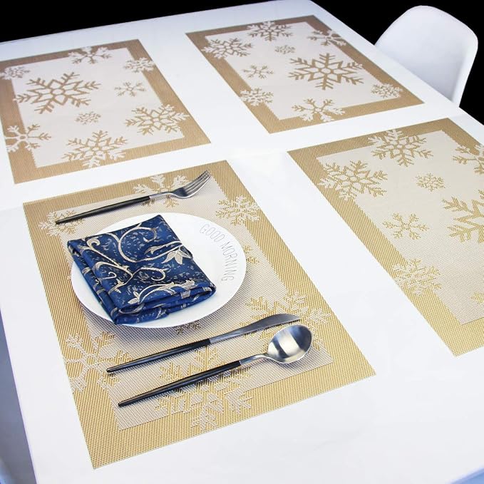 Christmas Placemats Set of 6 Vinyl Woven Non-Slip Placemats Washable Easy to Clean Table Mats for Dining Table (Snow Gold)