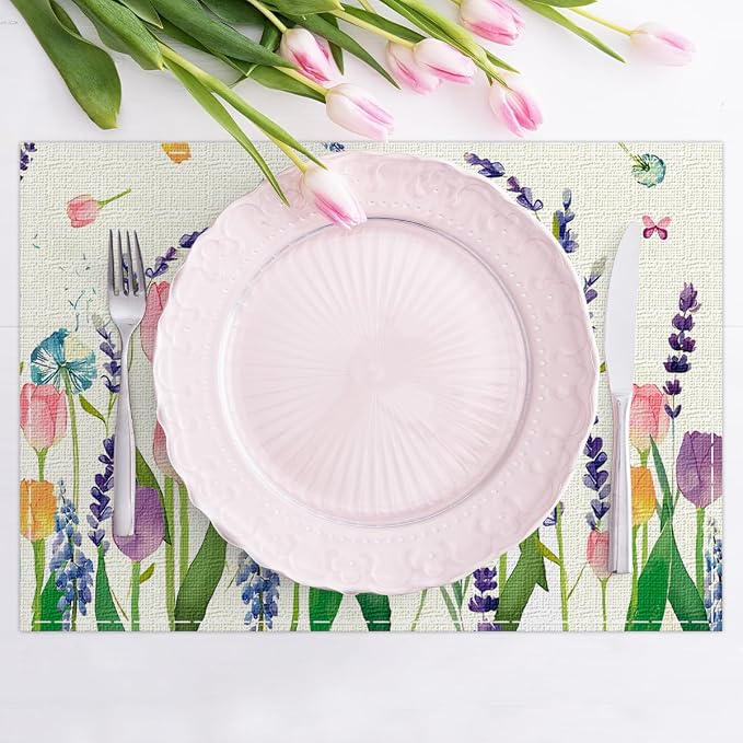 Niviy Tulip Lavender Butterfly Spring Placemats Set of 4, Seasonal Holiday Summer Table Mats for Home Party Kitchen Dining Room Decoration 12x18 Inch