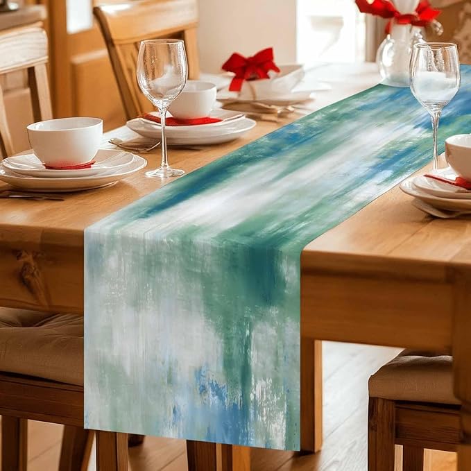 Blue Green Table Runners 60 Inches Long, Cotton Linen Fabric Table Runner Dresser Scarf, Modern Abstract Minimalist Texture Watercolor Tablerunner for Party/Kitchen/Dinner/Wedding Decor 13"x60"
