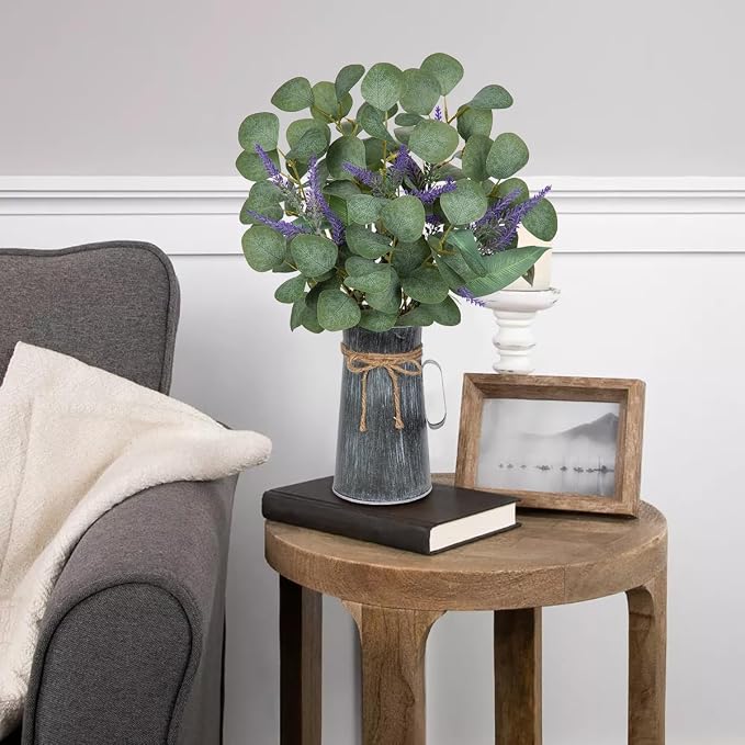 Lifelike Artificial Eucalyptus Plant in Rustic Metal Vase – 18.5" Realistic Faux Greenery for Farmhouse Home Décor, Living Room, Kitchen, Office, Weddings & Table Centerpieces