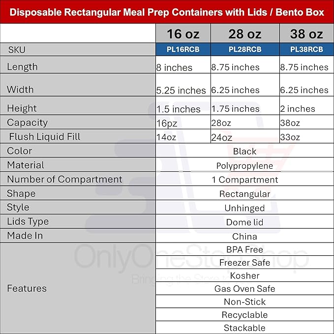 28oz Disposable Black Meal Prep/Bento Box with Clear Dome Lids - Rectangular Plastic Meal Containers - Leak Proof and Reusable Box : Perfect For Salad, Meal Prep and Fruits : Set of 50