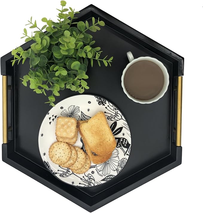 Serving Tray with Polished Metal Handles, Hexagon Coffee Table Tray, Modern Rectangle Decorative Tray, Large Ottoman Tray, Perfect for Storage and Display (Black Hexagon)