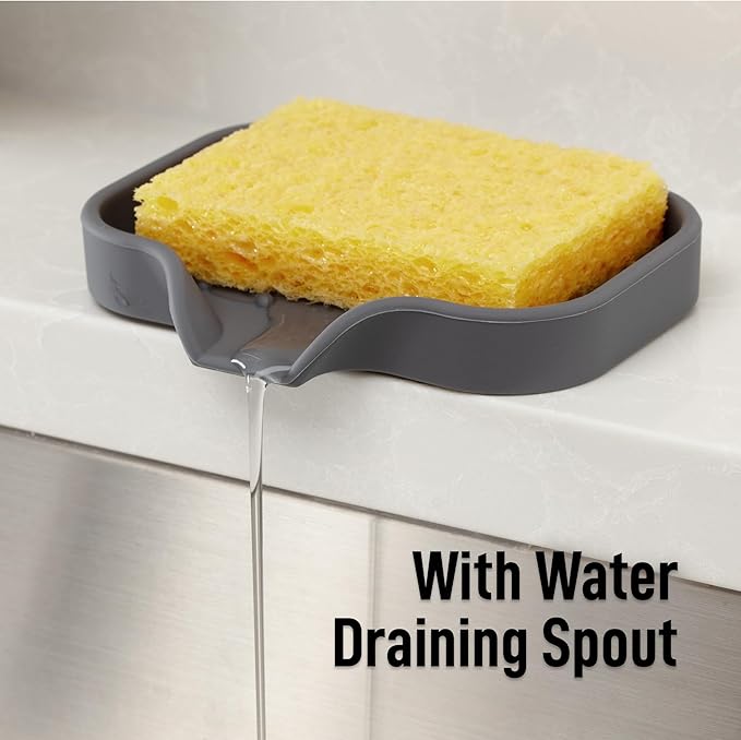 Zulay Kitchen Small Silicone Sponge Holder (4.9x3.3”) – Space-Saving Sink Organizer Tray for Sponge, Soap, Brush & More – Compact Non-Slip Dish for Kitchen & Bathroom (Grey)