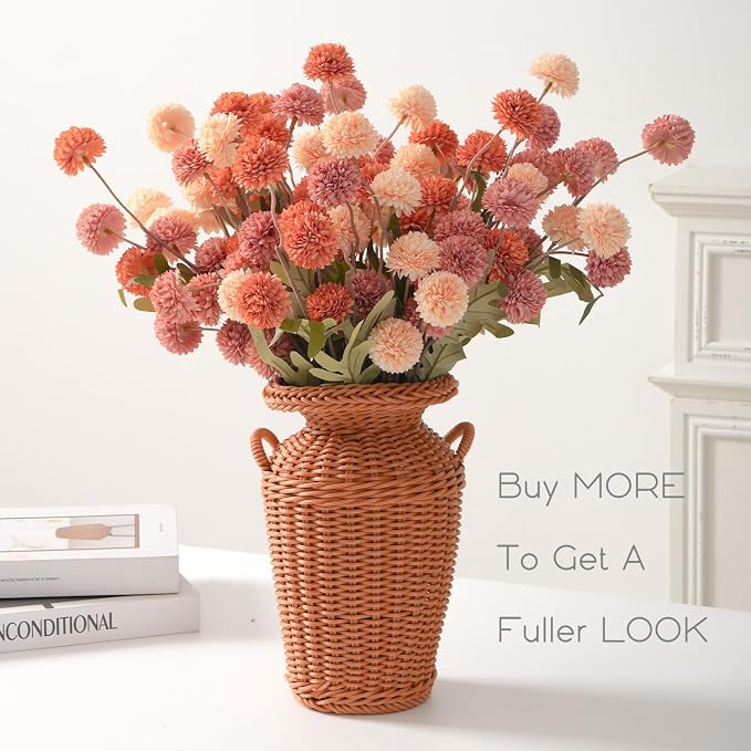 trytuny Fake Fall Flowers for Vase, Faux Silk Kiku Mums, Artificial Pom pom Floral Bouquets Indoor Centerpiece Office Coffee Table Boho Home Decorations (9, Mixed Orange)
