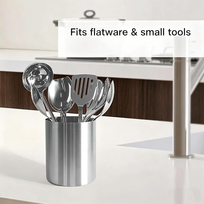 IMEEA Small Utensil Holder for Kitchen Counter 5.3" Compact SUS304 Stainless Steel Countertop Organizer for Flatware, Spoons, Small Kitchen Tools