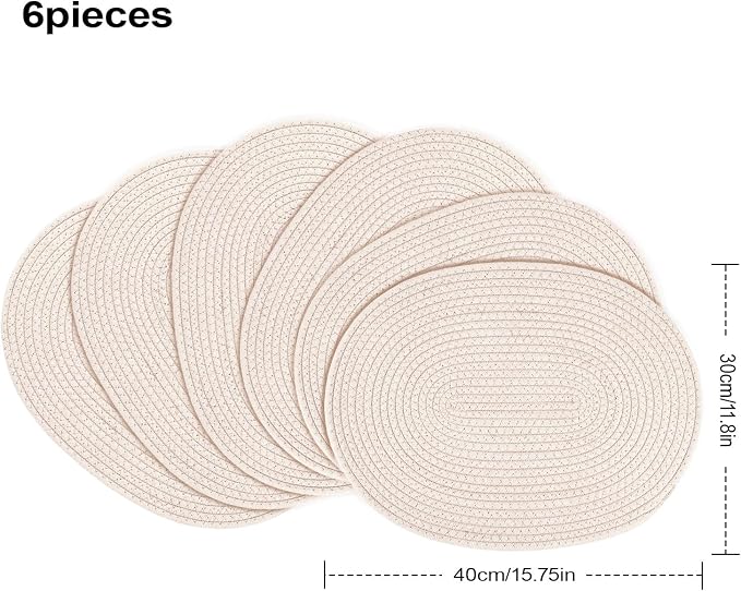 fanquare White Cotton Placemats for Farmhouse Table Decoration Braided Cotton Rope Place Mats for Kitchen Dining Round Woven Table Mats Set of 6