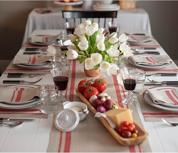 Solino Home Linen Table Runner 72 Inches Long - 100% Pure Linen Red and Natural French Stripe Table Runner 14 x 72 Inch for Dining, Dresser