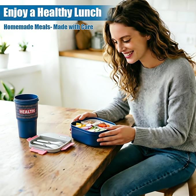 Adult Lunch Bento Box with Insulated Lunch Bag, 50oz Lunch Container with 3 Sauce Containers/20oz Bottle/Utensils, Lunchbox for Women Men, Leak-Proof/BPA-Free/Microwave/Dishwasher Safe(Blue)