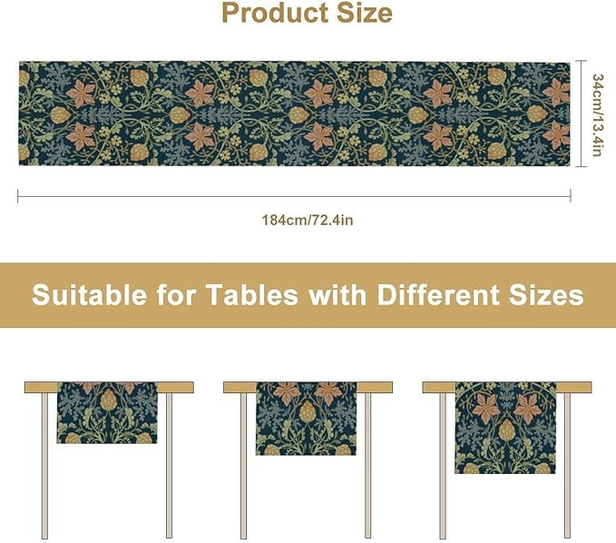 William Morris Floral Table Runner,Retro Floral Botanical Art Rustic Decor Table Runner for Home Indoor Outdoor Kitchen Holiday Birthday Party Wedding Decor 13x90 Inch