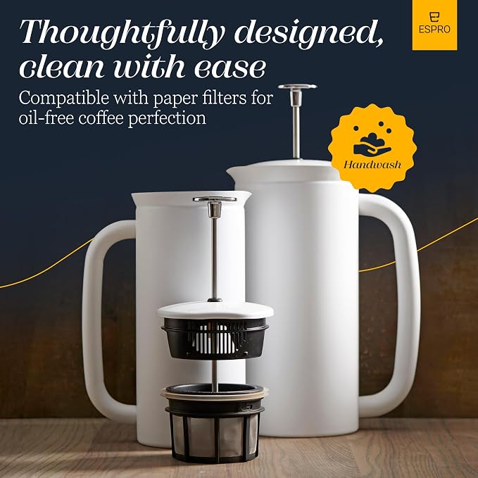 ESPRO Pro P7 French Press Coffee Maker - Double-Walled Stainless Steel Insulated with Micro-Filter - Matte White 32 oz
