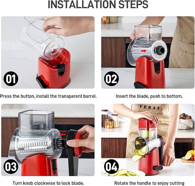 VEKAYA Rotary Cheese Grater Hand Crank with 4 Interchangeable Stainless Steel Blades, Large Manual Handle Shredder and Waffle Slicer for Vegetables, Cheese and Nuts with Table Suction Base (Red)