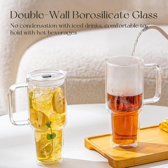 KEMORELA 2 Pack 28oz Double Wall Glass Tumblers with Handle, Lids & Straws – Large Insulated Clear Glass Coffee Cups for Iced Coffee, Matcha, Smoothies, Bubble Tea & Cold Drinks