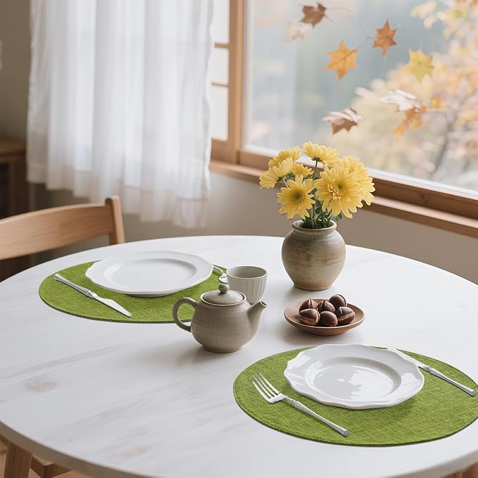 homing 15 Inch Round Cloth Placemats Set of 12, Cotton Linen Blend Washable Table Mats, Farmhouse Dining Place Mats for Indoors & Outdoors, Easy to Clean, Grass Green