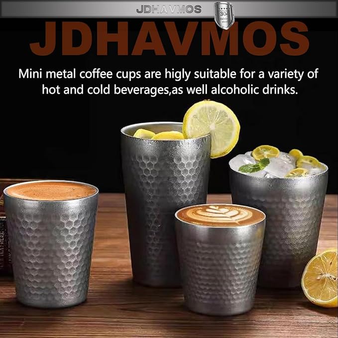 Stainless Steel Espresso Cup-4pcs Set,Double Wall Insulated Metal Demitasse Cups, 6 oz (175ml),Mini Coffee Cup for Beverages, Diamond Pattern Anti-Slip and Scalding.