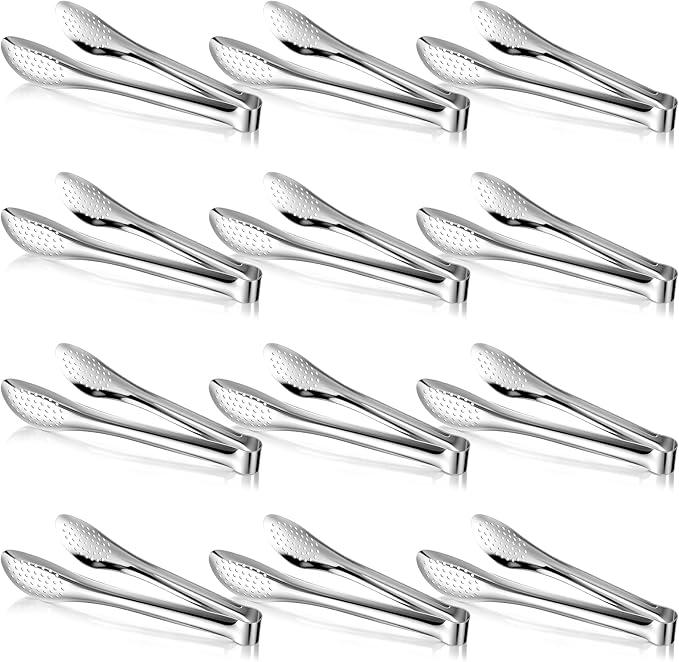 12 Pack Small Serving Tongs Stainless Steel Silver Buffet Utensils Buffet 9 Inch Mini Kitchen Tongs for Tea Coffee Bar Appetizers Salad Wedding Party Banquet Gathering