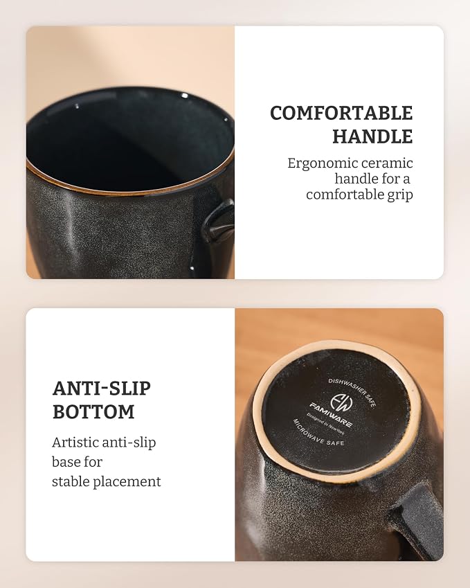 famiware Coffee Mugs Set of 6,Ocean Round 11.5oz Coffee Cup Set with Handle for Cocoa, Milk, Hot Chocolate, Tea or Water, Stoneware Cups for Kitchen, Microwave Dishwasher Safe, Deep Forest