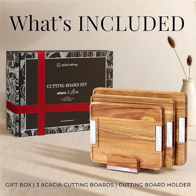 Acacia Wood Cutting Board Set with Holder – 4 Piece Wooden Cutting Board Set with Stand – Reversible Charcuterie Tray with Juice Grooves and Silver Handles – Stylish Kitchen Gift