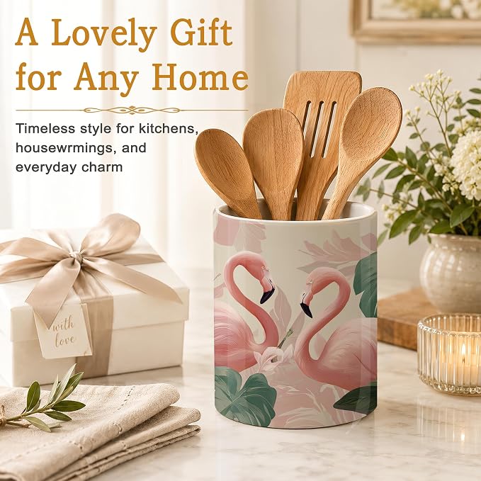 Pink Flamingos Kitchen Utensil Holder,Palm Leaf Hibiscus Large Ceramic Utensil Crock Organizer for Spatulas,Spoons and Cooking Tools,Kitchen,Home Decoration 6.3"