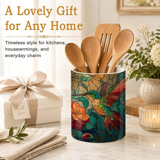 Hummingbird Kitchen Utensil Holder,Vintage Flowers Large Ceramic Utensil Crock Organizer for Spatulas,Spoons and Cooking Tools,Kitchen,Home Decoration 6.3"