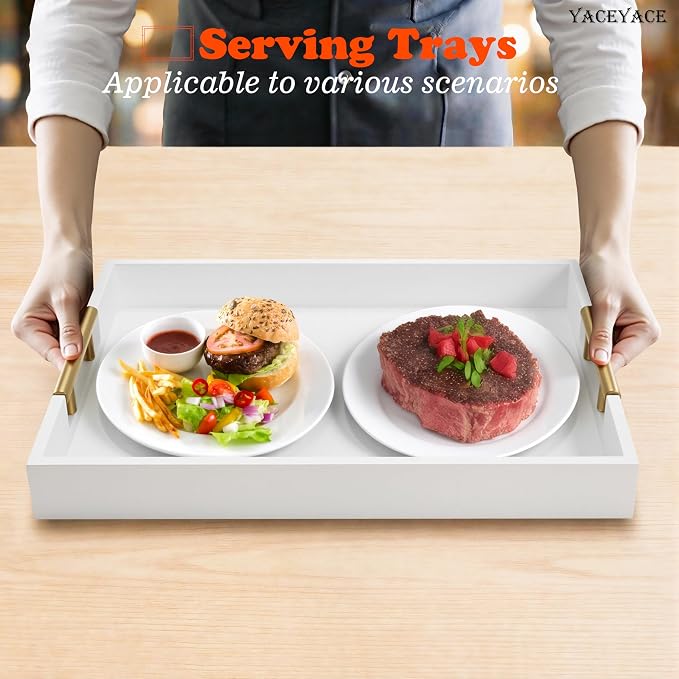 White Serving Tray with Metal Handles, 15.75" x 11.8" x 1.7" Wood Serving Tray for Ottoman Coffee Table, Kitchen Counter, Food, Bathroom