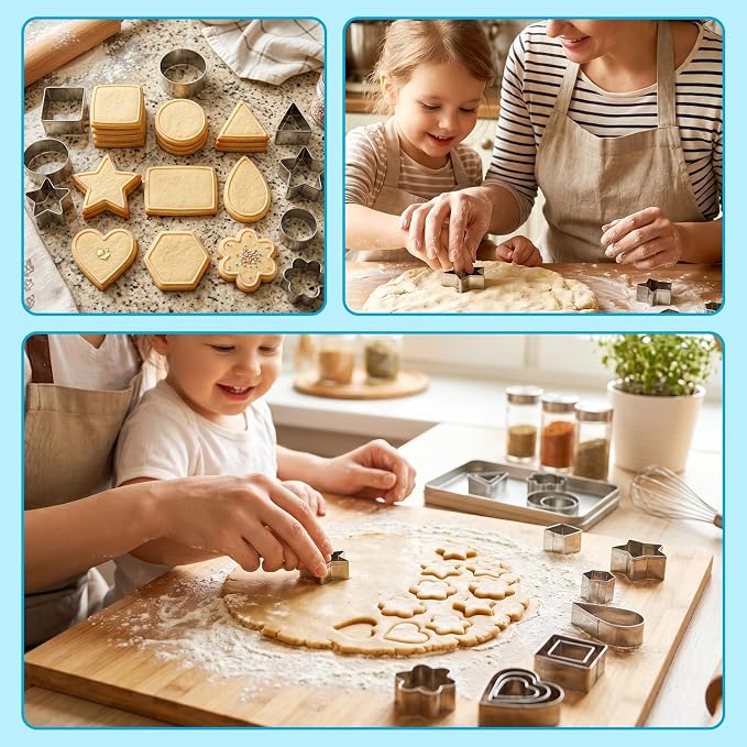 Fireboomoon 30 Pcs Mini Cookie Cutter Set, Stainless Steel Small Geometric Cutters (Star, Heart, Flower, Circle & More), Tiny Biscuit Mold for Kids, Fondant, Fruit, Sandwich & Clay, with Storage Box