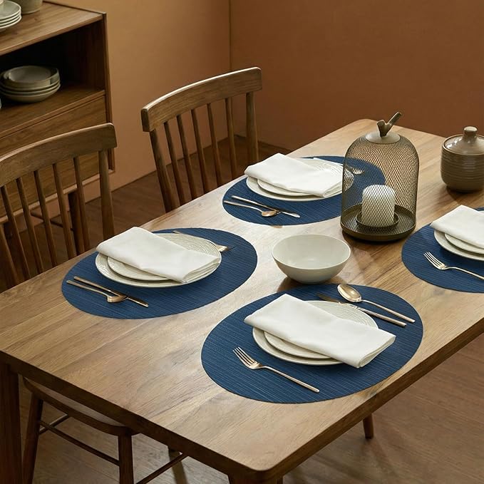AHHFSMEI Oval Placemats Set of 6 Woven Vinyl Non-Slip Heat Resistant Stain Resistant Easy Clean Place mats for Dining Table(Blue)