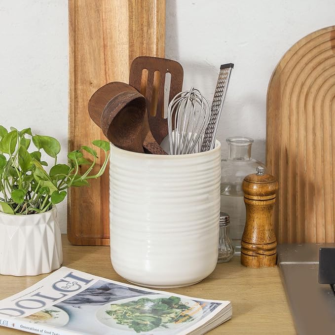 HASENSE Large Utensil Holder, 7.4" x 6.2" Ceramic Utensil Holder for Kitchen Counter, Utensil Oganizer for Utensil Set, Farmhouse Cooking Utensil Crock for Kitchen Decor, Clay-Infused White
