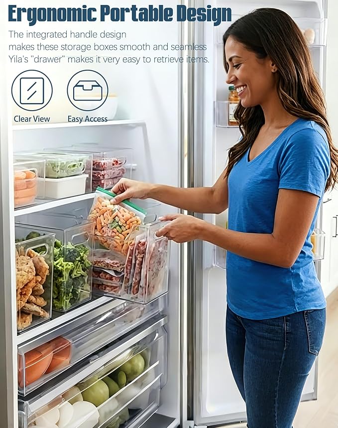 Crystal Clear Freezer Storage Bins - 4 Pack Clear Plastic Bins for Refrigerator and Pantry, Stackable Kitchen Cabinet Organizer with Handles for Frozen Food, Meat & Veggies (2L+2S)