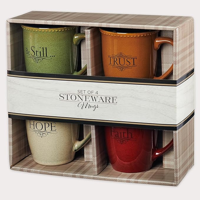 Christian Art Gifts Set of Four Rustic Stoneware Coffee/Tea Mugs w/Bible Verses Sage Green, Ivory, Paprika Red, Pumpkin Orange Inspirational Coffee/Tea Cup for Men and Women