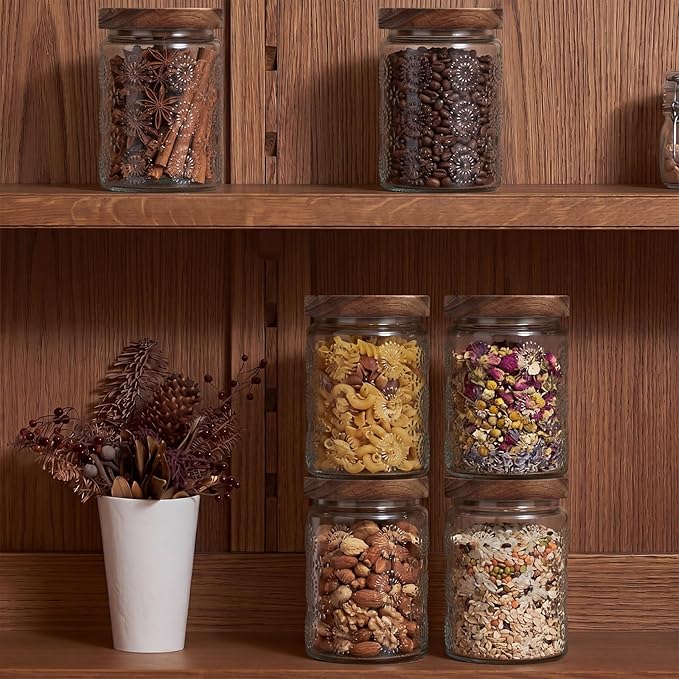 Suclain 6 Pack 23.7 oz Vintage Glass Jar with Wooden Lids Airtight Storage Food Container Jar for Kitchen Bathroom Pantry Decorative Vintage Canister for Coffee Beans, Brown Sugar(Fireworks)