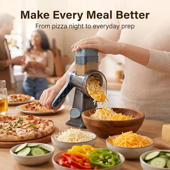 Rotary Cheese Grater Hand Crank, Cheese Shredder Stainless Steel with 3 Interchangeable Blades, Manual Food Grater and Shredder, Potato Shredder, Vegetable Cutter, Countertop Suction Base