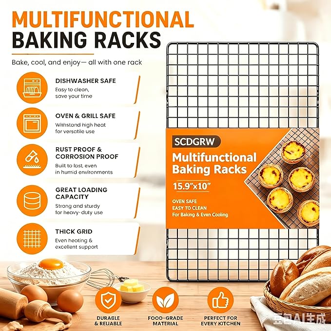 Cooling Rack Set of 1, 10" x 16" No Warp Heavy Duty Stainless Steel Baking Rack - Fits Half Sheet Pan, Oven Safe 575°F,for Baking, Roasting & Dehydrating, Dishwasher Safe