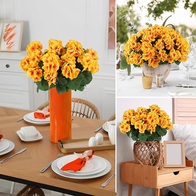 Hananona 12 Pcs Artificial Geranium Flowers for Outdoors Geranium Silk Flowers Outdoor UV Resistant Garden Plants Faux Flowers for Home Kitchen Table Centerpieces Decor (12, Yellow)