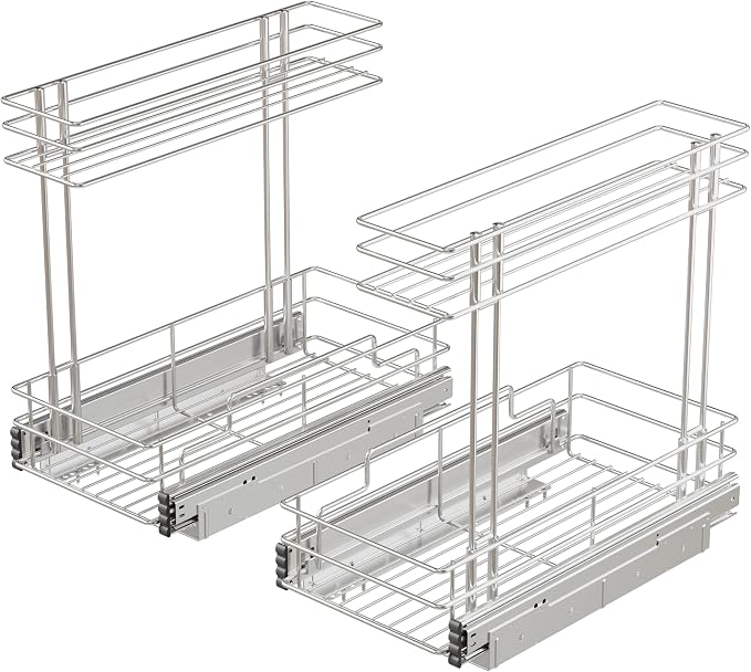 Under Sink Organizer 9" W X17 D, Pull Out Cabinet Organizer 2 Tier, Under Sink Slide Out Chrome Plated, Under Kitchen Bathroom Sink Organizer, Pantry Cabinet Closet Organization Rack, 2 Pack