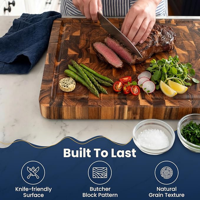 HOMESTEAD End Grain Acacia Wood Cutting Board 23x18x1.5, Reversible Butcher Block Board for Kitchen with Deep Juice Groove, Handles, Knife-Friendly Surface for Meat Chopping and Charcuterie Serving