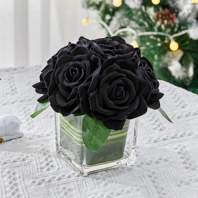 Fule Artificial Velvet Rose Flower Centerpiece Arrangement in vase for Home Wedding Decoration (Black)