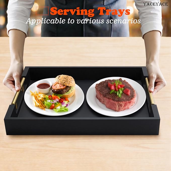 Wood Serving Tray with Metal Handles, 15.75" x 11.8" x 1.7" Black Serving Tray for Home Decorative, Rectangle Wooden Trays for Ottoman, Cafe