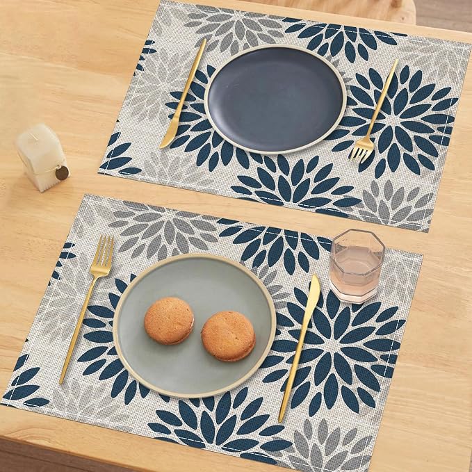 Niviy Dahlia Aqua Floral Pinnata Flower Placemats Set of 4, 12x18 Inch Washable Easy to Clean Heat-Resistant Anti-Skid Grey Placemats for Holiday Party Kitchen