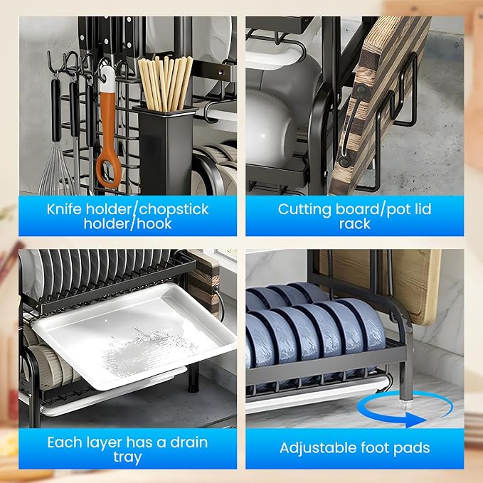 Large Dish Drying Rack Multifunctional 3 Tier Dish Rack with Drain Tray, Dish Drainer for Kitchen Counter with Drainboard/Utensil/Cup Holder Rust Proof Carbon Steel