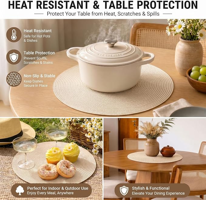 FunWheat Round Braided Placemats Set of 4 Table Mats for Dining Tables Woven Washable Non-Slip Place mats 15inch (Beige, 4pcs)
