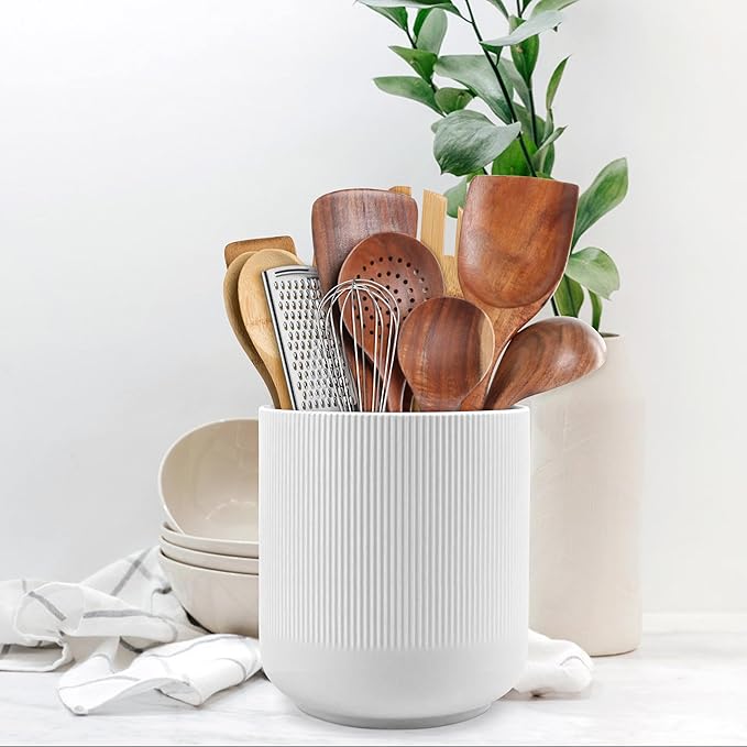 RedCall Kitchen Utensils Holder Large,Ceramic Utensil Organizer for Countertop,Morden Utensil Crock for Spoon Spatula,Home Kitchen Decor (White)