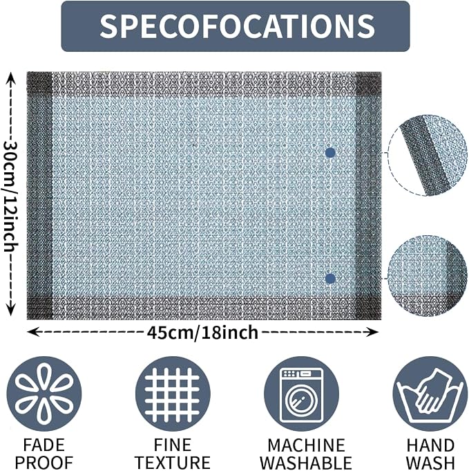Niviy Blue Grey Ethnic Boho Placemats Set of 4, 12x18 Inch Linen Burlap Washable Durable Art Table Mats for Holiday Party Kitchen Dining Room Decoration